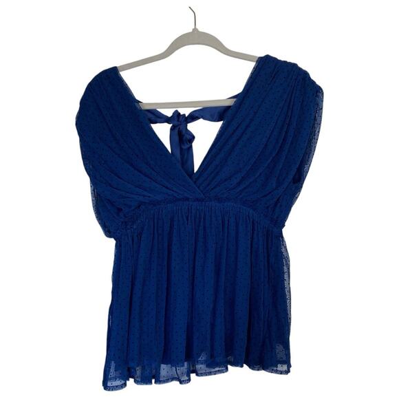 ANTHROPOLOGIE V-Neck Tulle Blouse Navy Blue Bow Size Small Dainty Chic Polka Dot - Picture 3 of 8